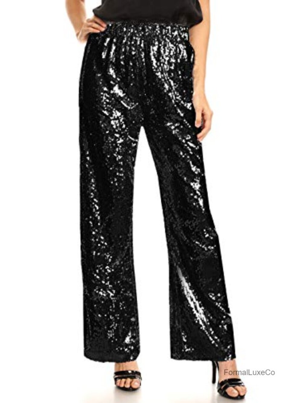 Women's Sequin Wide Leg Flare Palazzo Pants Elastic Waist Sparkly Disco Party